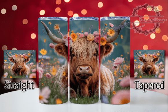 3D Whimsical Floral Highland Cow Tumbler Design