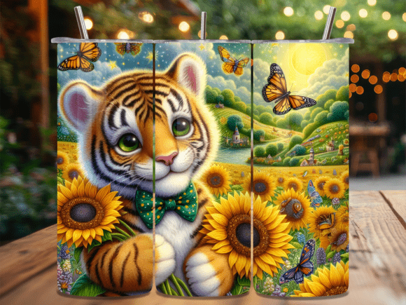 Cute Tiger Sunflower Bowtie 3D Tumbler Design